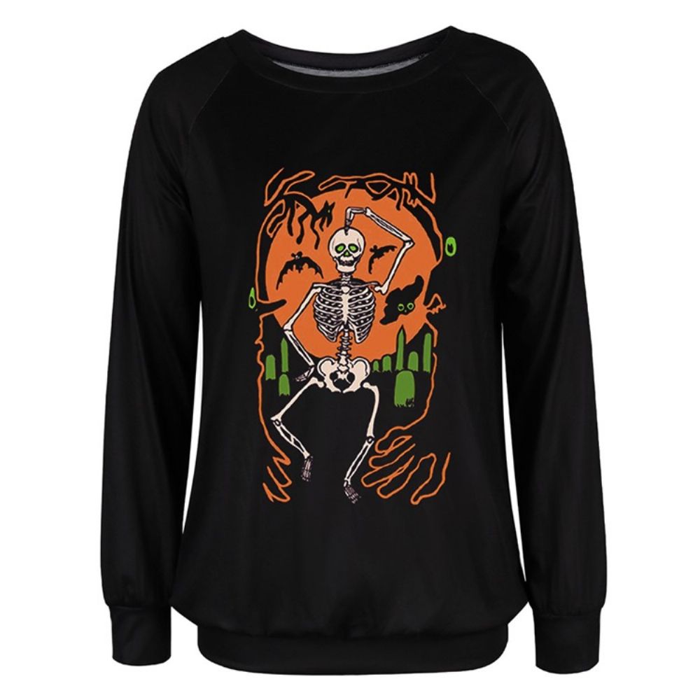 Halloween Print Schedel Raglanmouwen Ronde Hals Hoodie Met Lange Mouwen