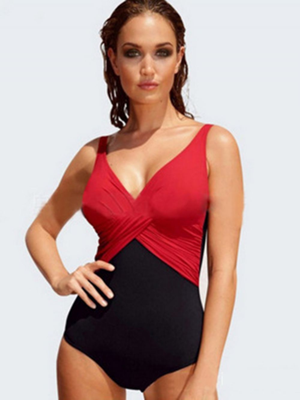 Elegante Geplooide Monokini Met Kleurblokken