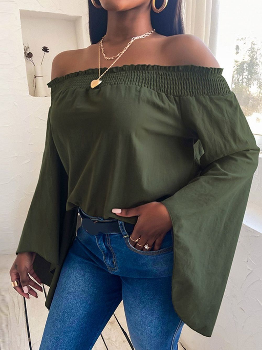 Effen Off-Shoulder Standaard Eenvoudig Los Dames T-Shirt