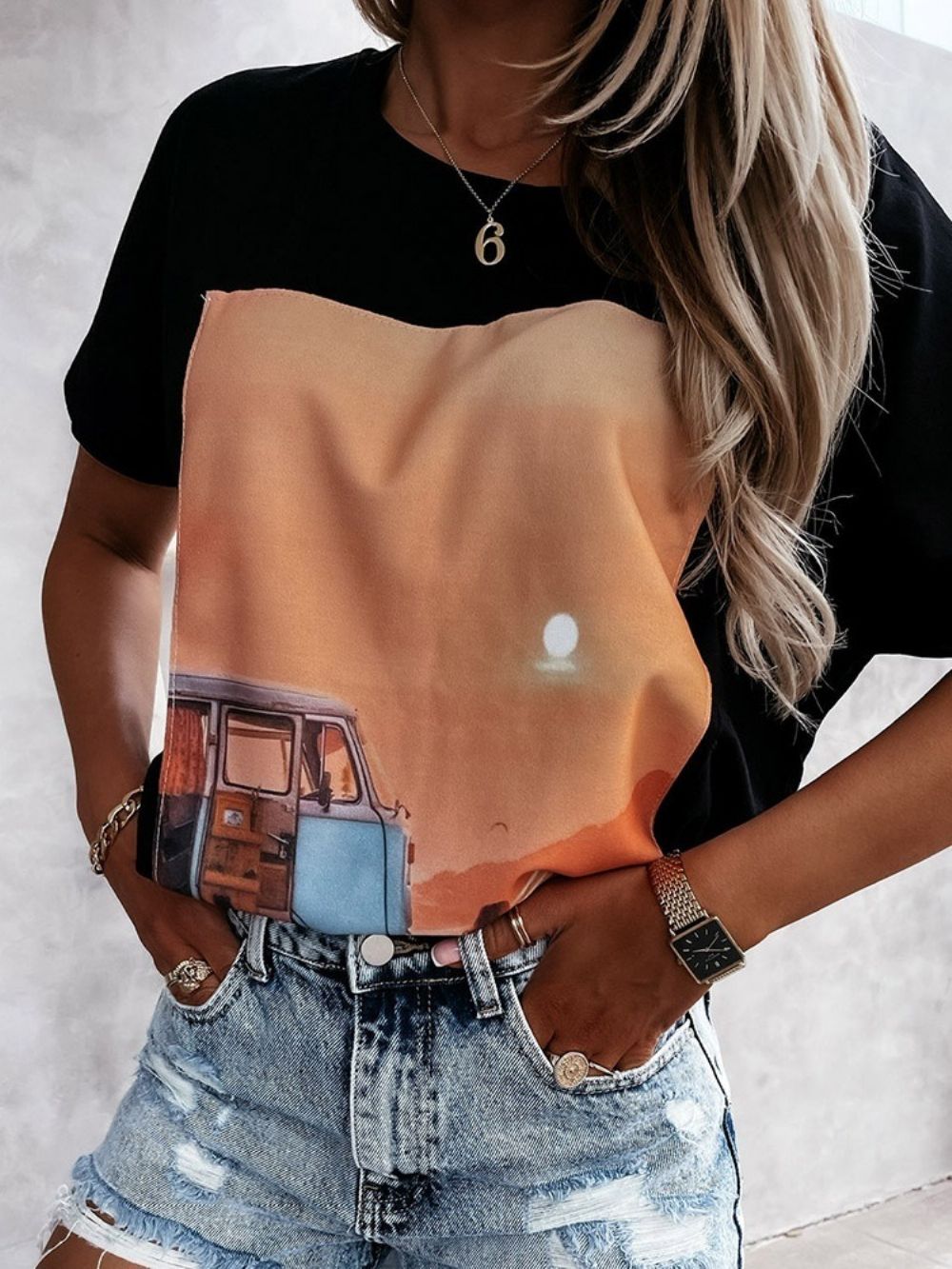 Kleurblok Standaard Wijd Western T-Shirt Dames Met Ronde Hals