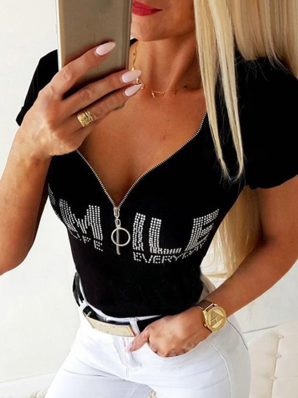 Standaard Effen Modieus T-Shirt Met V-Hals