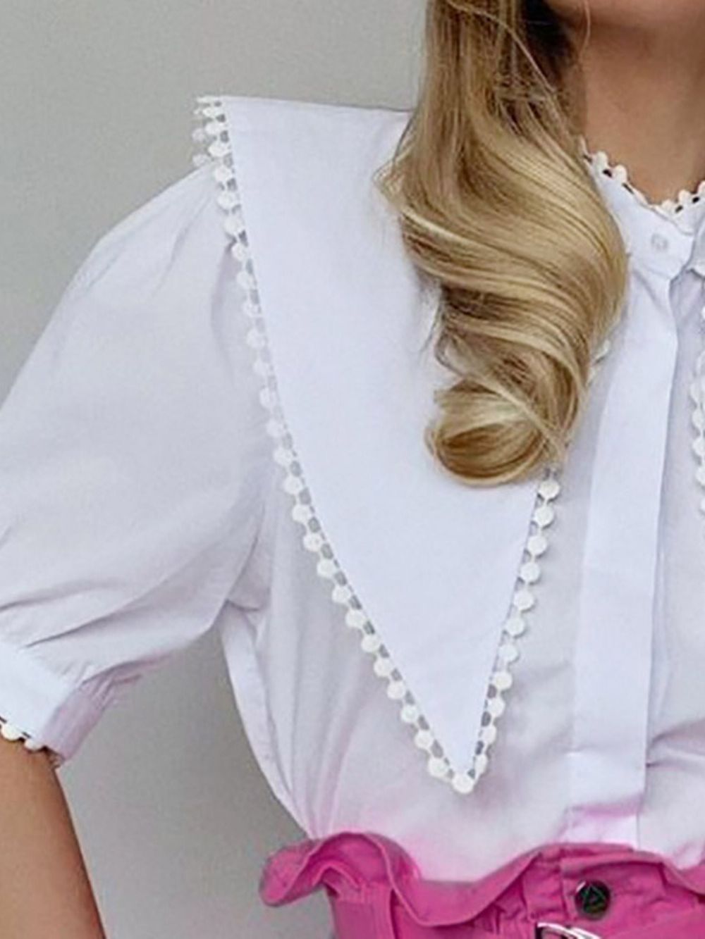 Witte Standaard Blouse Met Korte Mouwen Dames Met Effen Pofmouwen