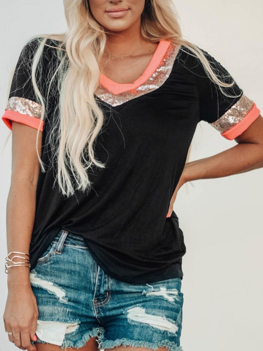 Zomer Casual T-Shirt Met V-Hals Standaard Kleurblok Dames