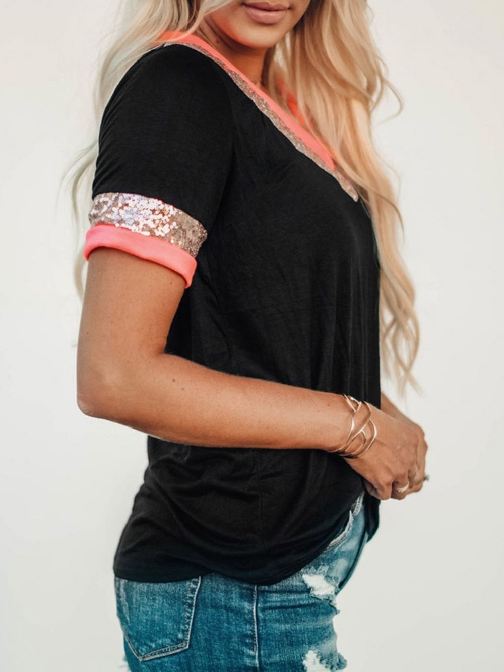 Zomer Casual T-Shirt Met V-Hals Standaard Kleurblok Dames