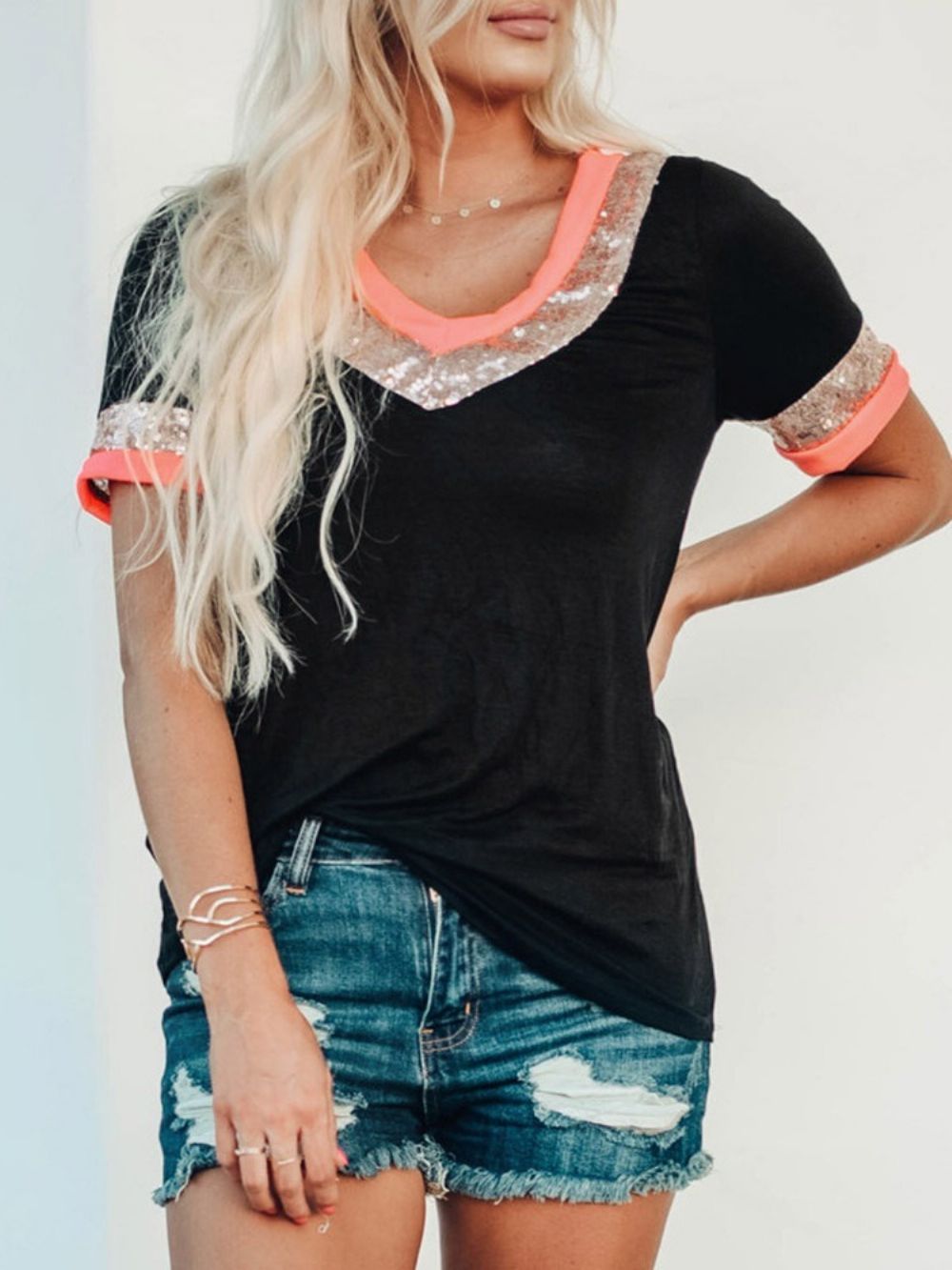 Zomer Casual T-Shirt Met V-Hals Standaard Kleurblok Dames