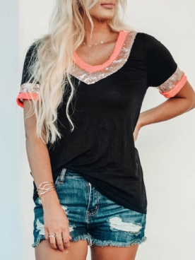 Zomer Casual T-Shirt Met V-Hals Standaard Kleurblok Dames