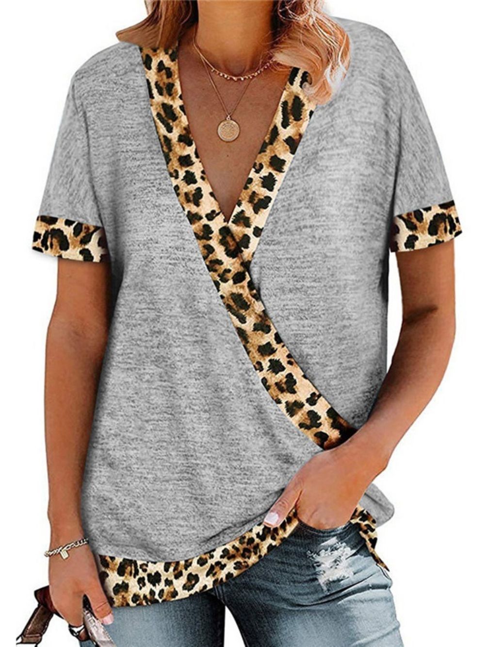 Zomer-T-Shirt Dames Met V-Hals En Korte Mouwen In Luipaardprint