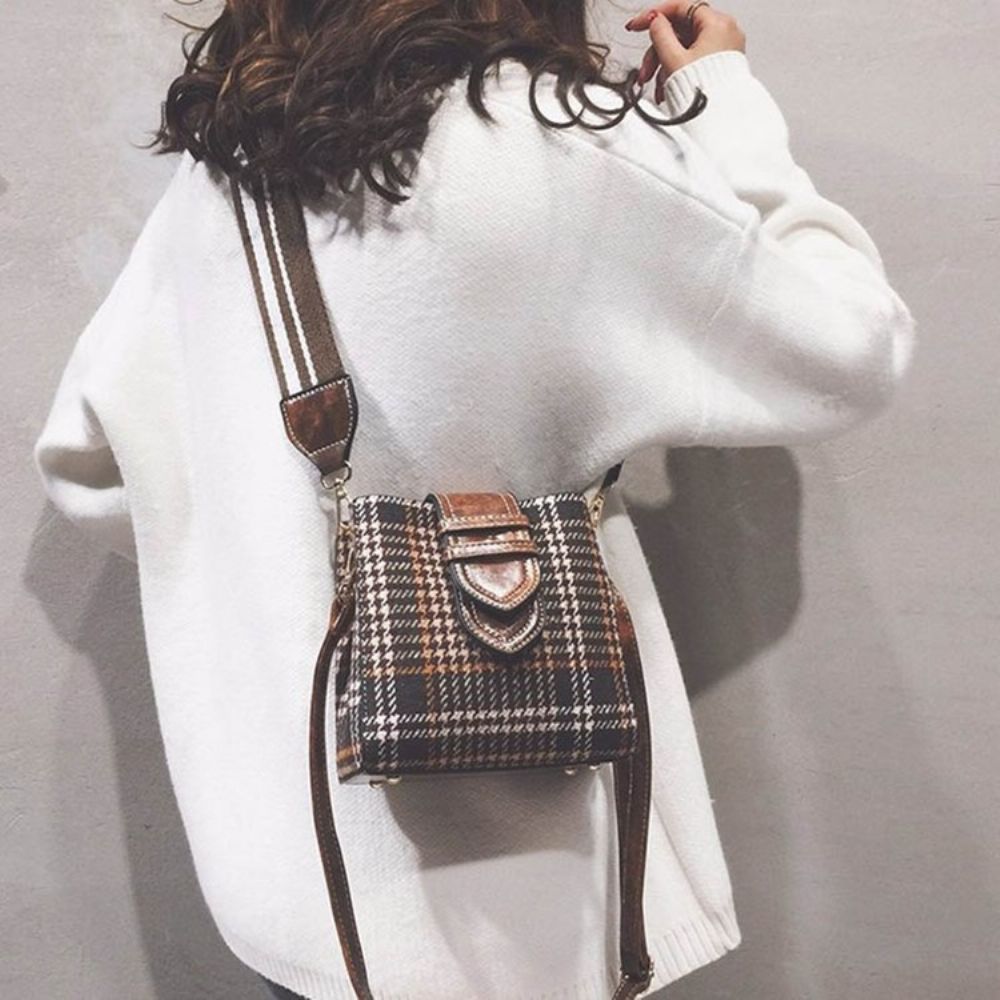 Houndstooth Wolmix Tonvormige Crossbodytas Met Raster