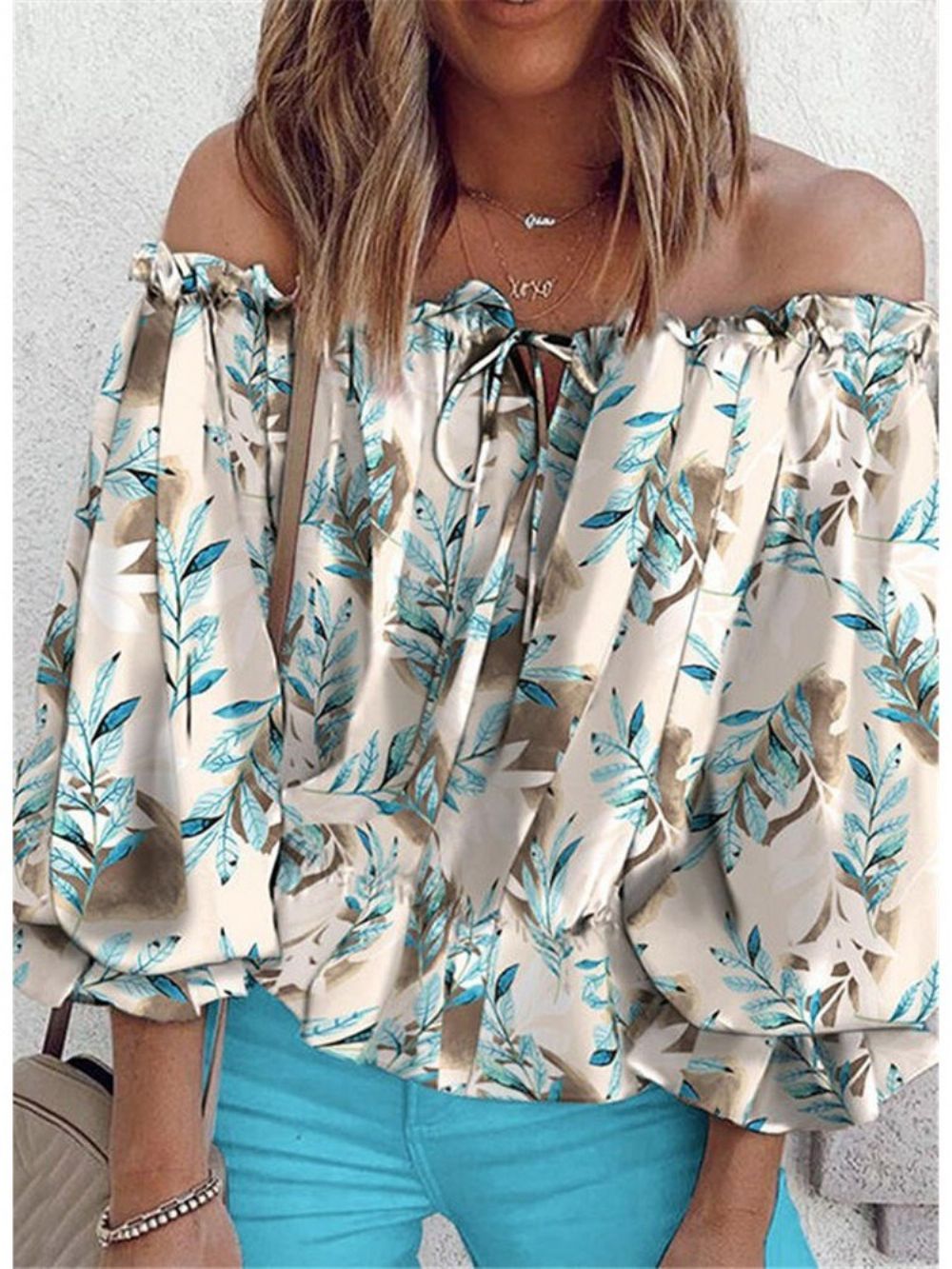 Damesblouse Met Bloemenprint Off-Shoulder Halflange Mouwen Met Negen Punten