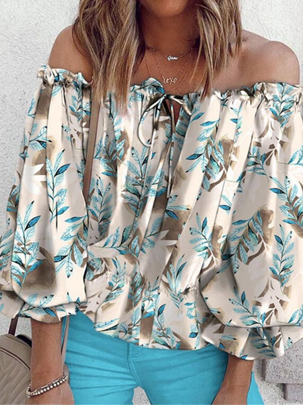 Damesblouse Met Bloemenprint Off-Shoulder Halflange Mouwen Met Negen Punten