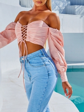 Effen Off-Shoulder Lange Mouw Korte Damesblouse Met Veters