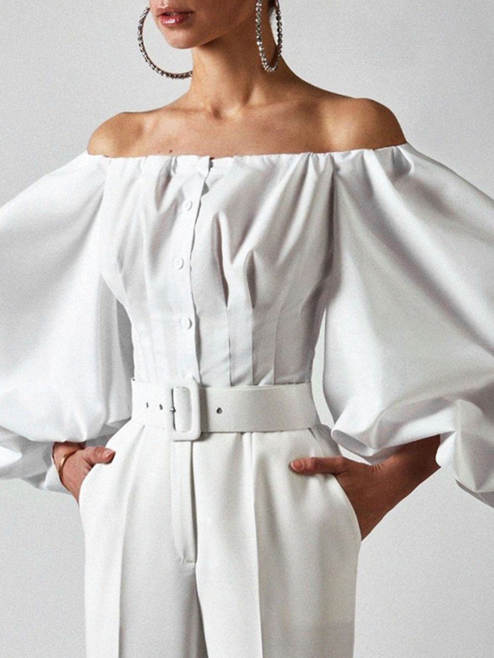 Effen Off-Shoulder Lantaarn Mouw Standaard Negen Punten Mouw Damesblouse