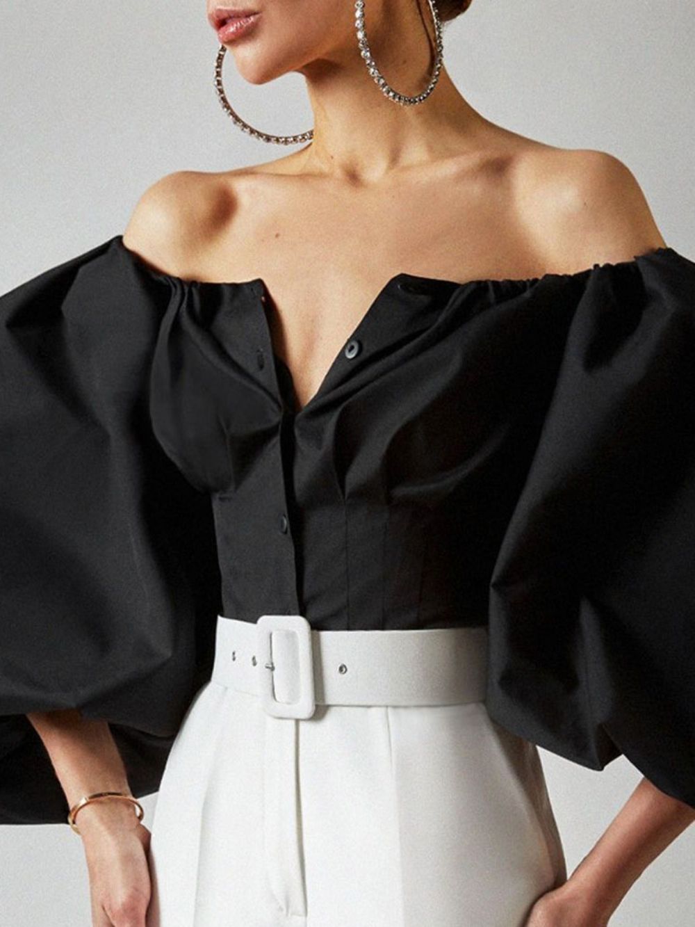 Effen Off-Shoulder Lantaarn Mouw Standaard Negen Punten Mouw Damesblouse