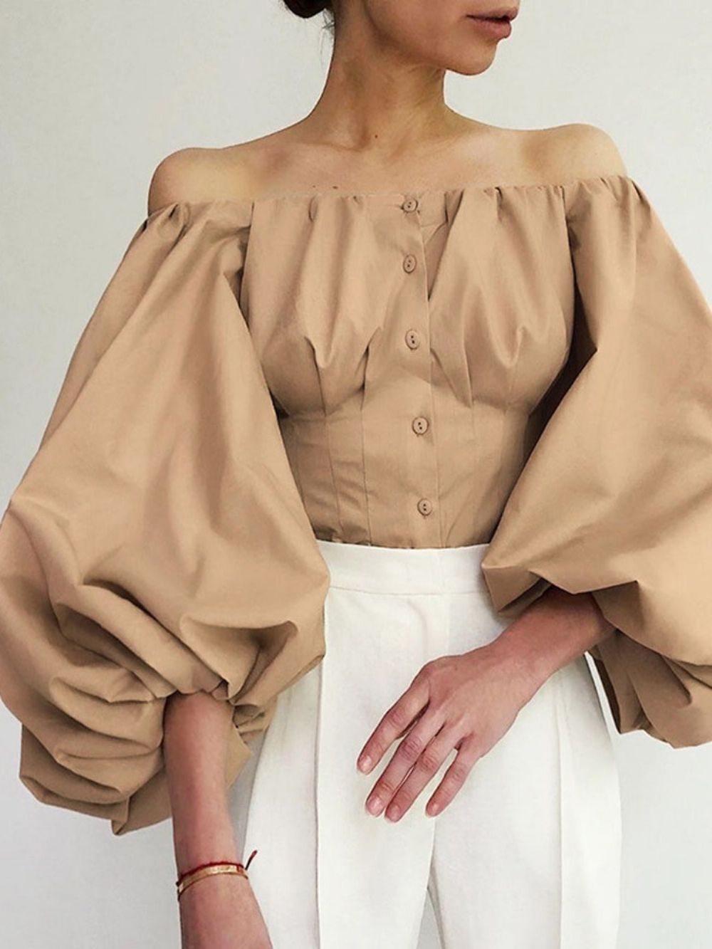 Effen Off-Shoulder Lantaarn Mouw Standaard Negen Punten Mouw Damesblouse