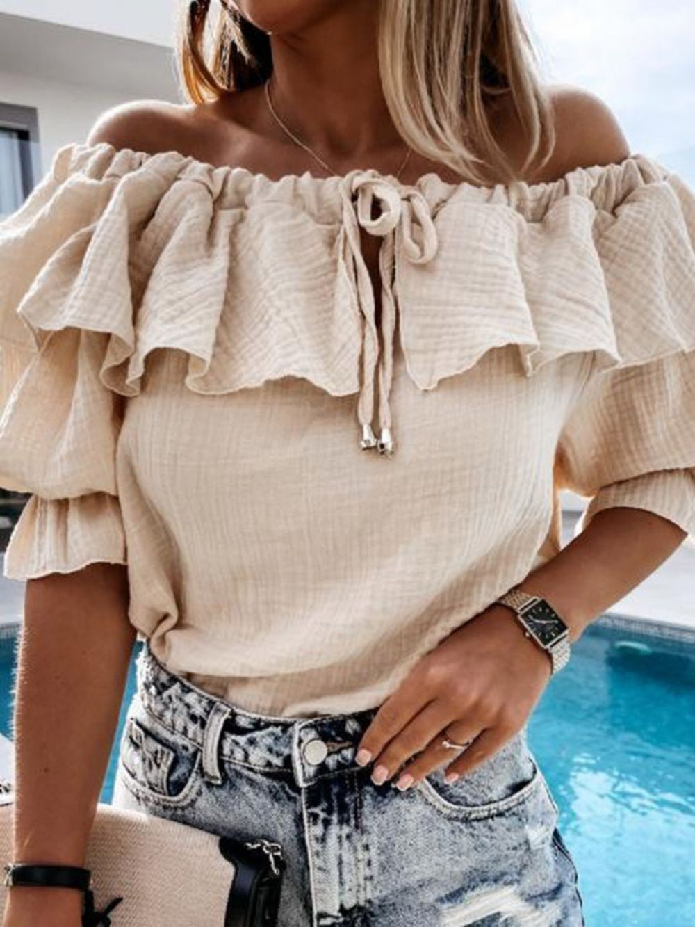 Effen Off-Shoulder Patchwork Standaard Damesblouse Met Halve Mouwen