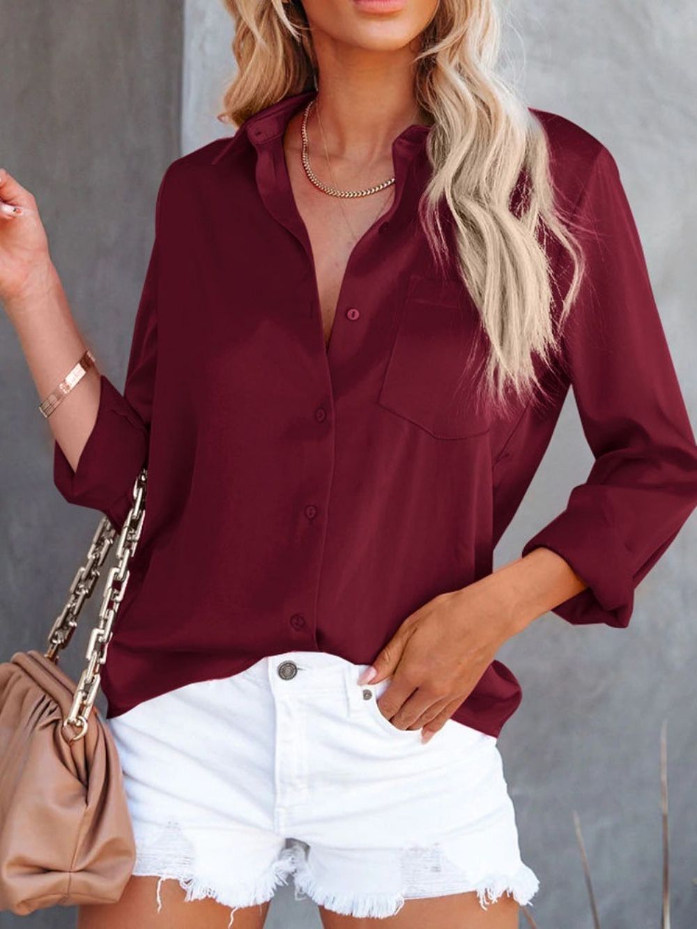 Effen Revers Regular Halflange Blouse Met Lange Mouwen