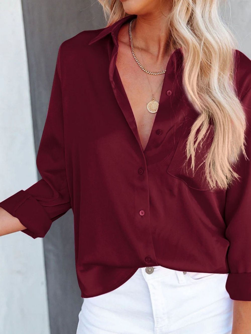 Effen Revers Regular Halflange Blouse Met Lange Mouwen