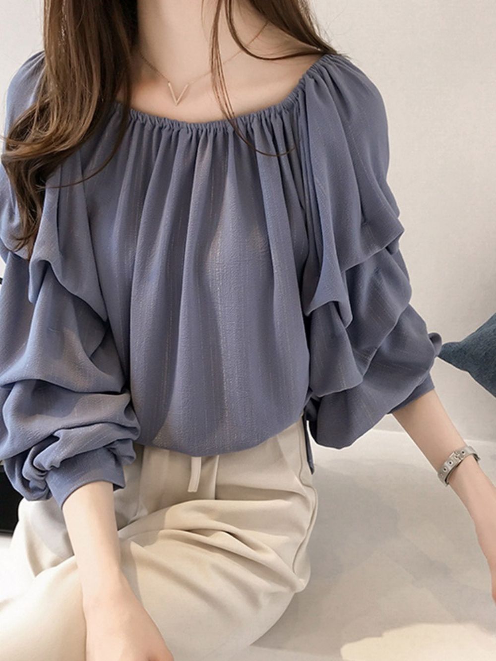 Effen Zoete Blouse Met Negen Punten Mouwen