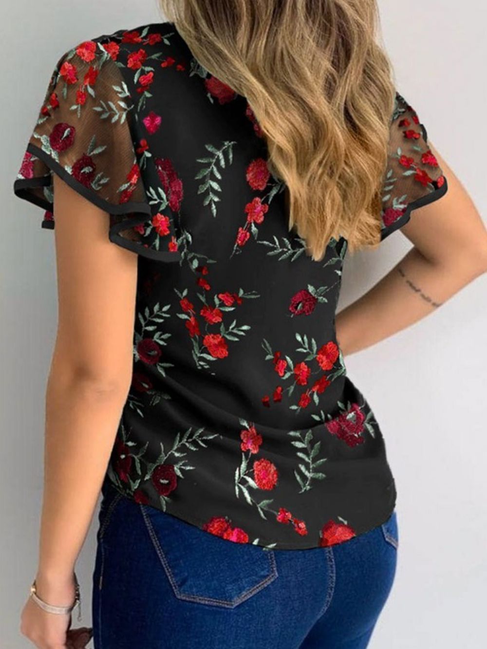 Gebloemd Patchwork Normaal Standaard Damesblouse Met Korte Mouwen