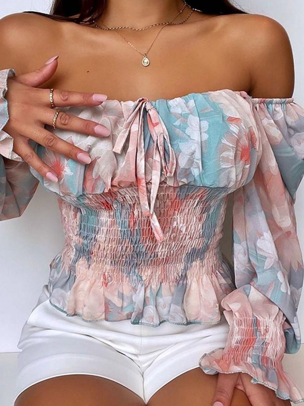 Gebloemde Off-Shoulder Standaard Blouse Met Lange Mouwen Dames