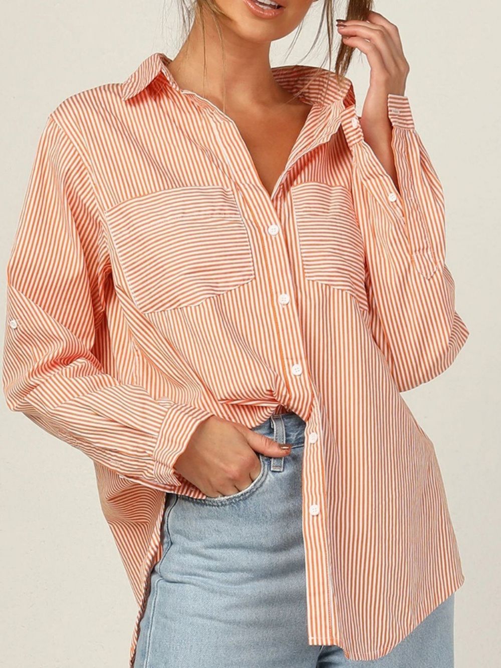 Gestreepte Revers Regular Halflange Blouse Met Lange Mouwen