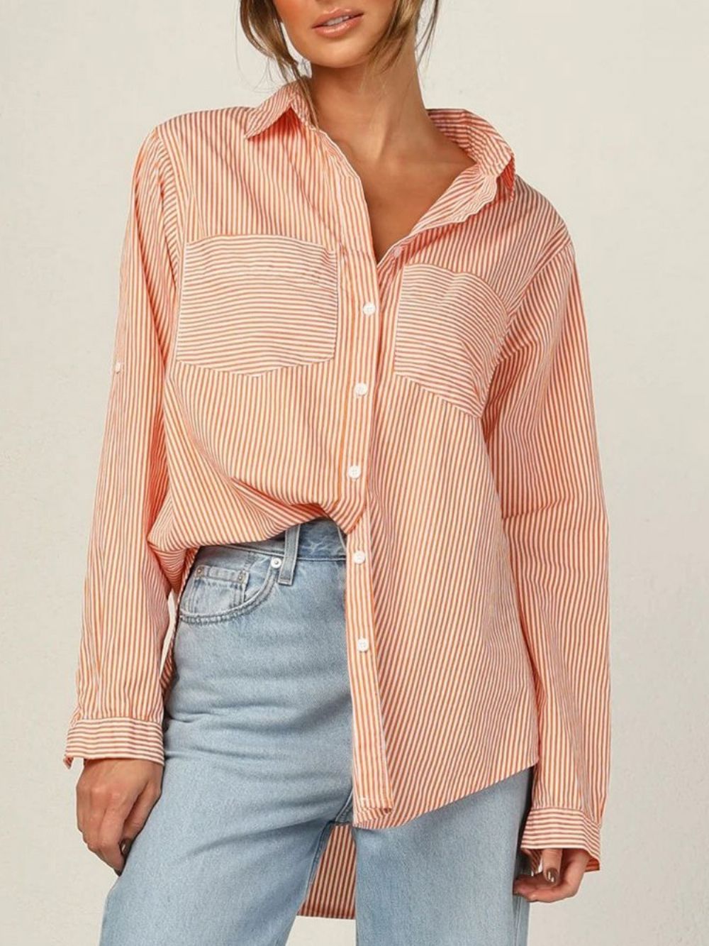 Gestreepte Revers Regular Halflange Blouse Met Lange Mouwen