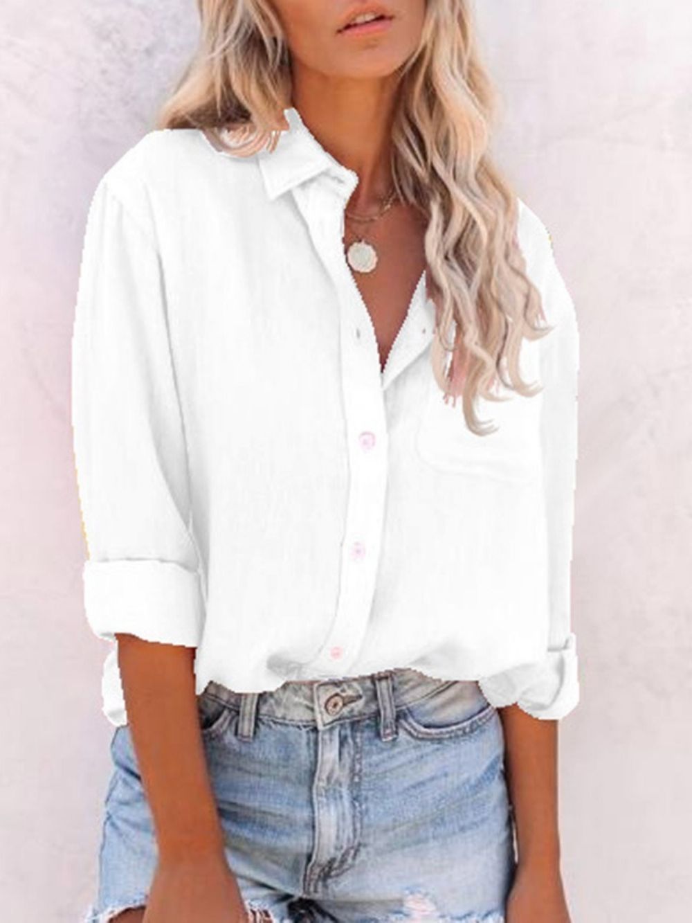 Halflange Damesblouse Met Effen Revers En Lange Mouwen