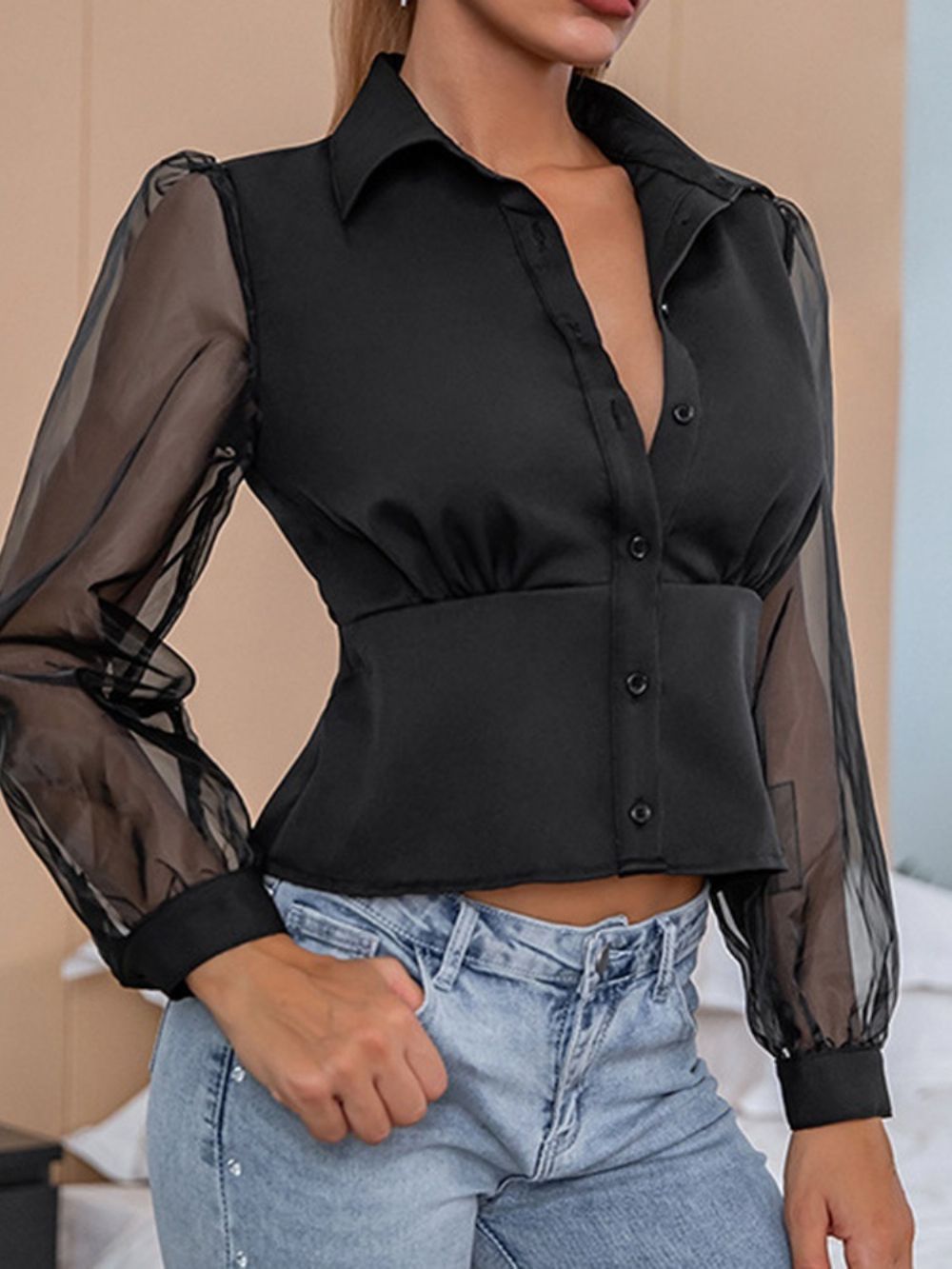 Korte Blouse Van Mesh Met Effen Revers En Lange Mouwen