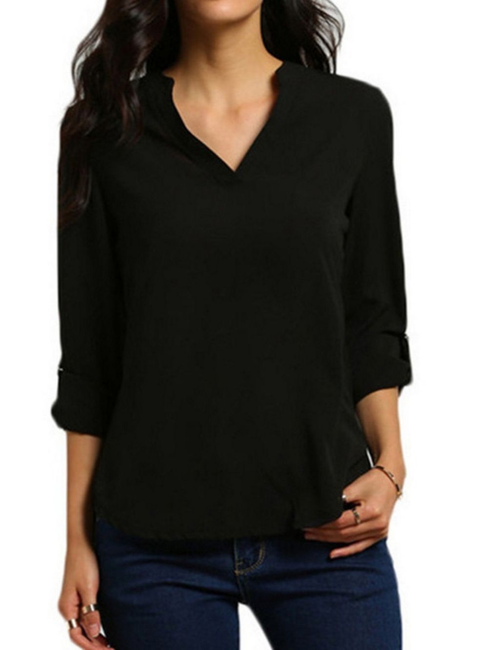 Normale Effen Blouse Met V-Hals En Halflange Mouwen