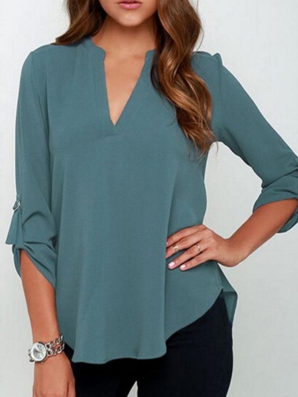 Normale Effen Blouse Met V-Hals En Halflange Mouwen