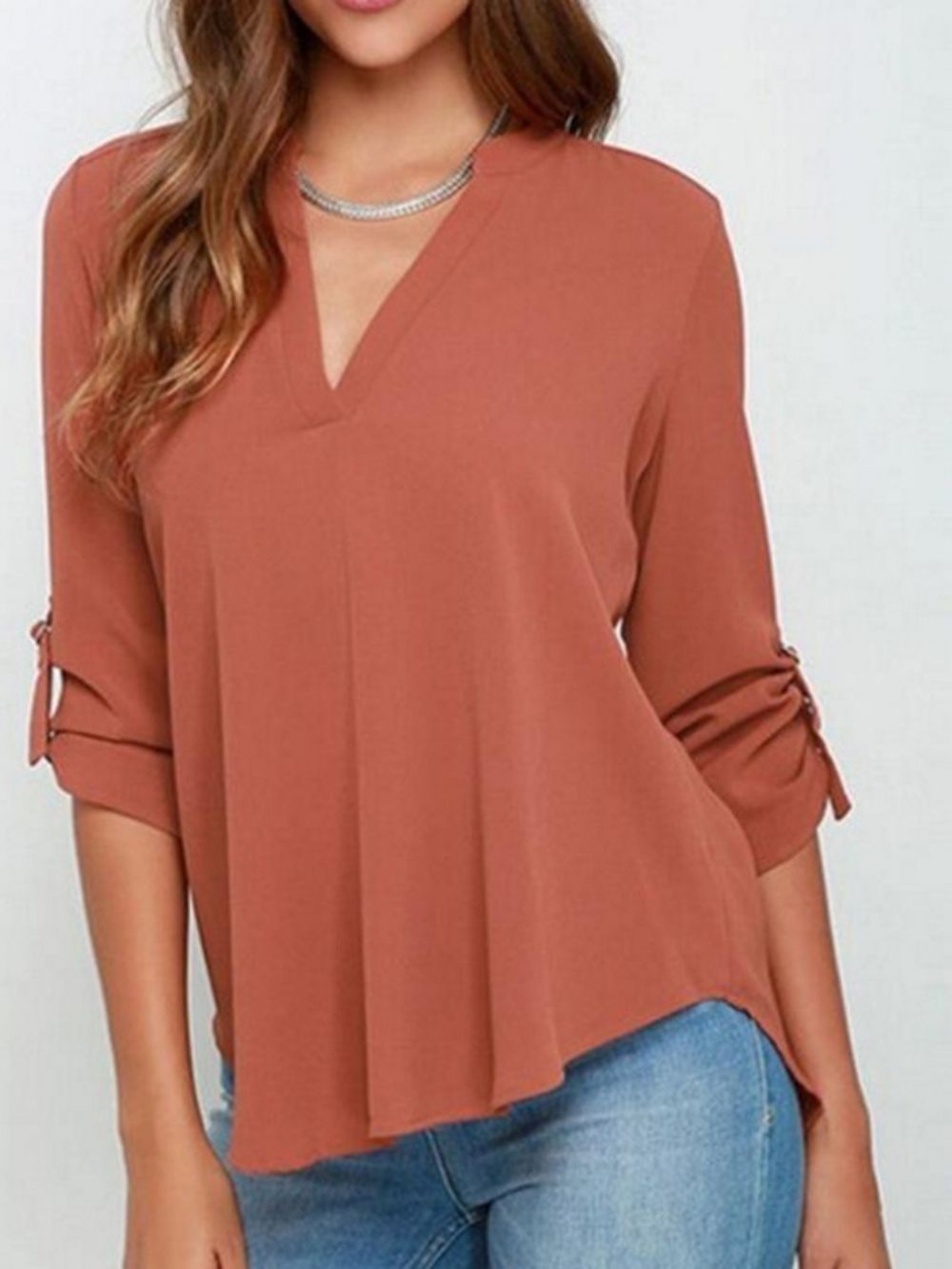 Normale Effen Blouse Met V-Hals En Halflange Mouwen