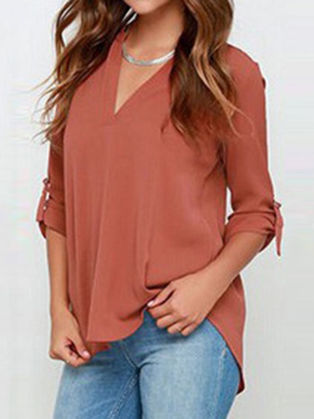 Normale Effen Blouse Met V-Hals En Halflange Mouwen