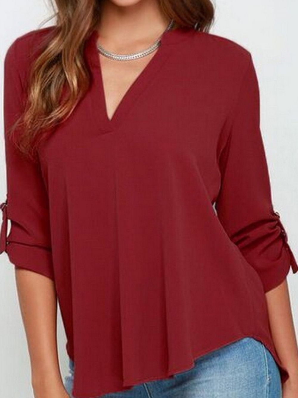 Normale Effen Blouse Met V-Hals En Halflange Mouwen