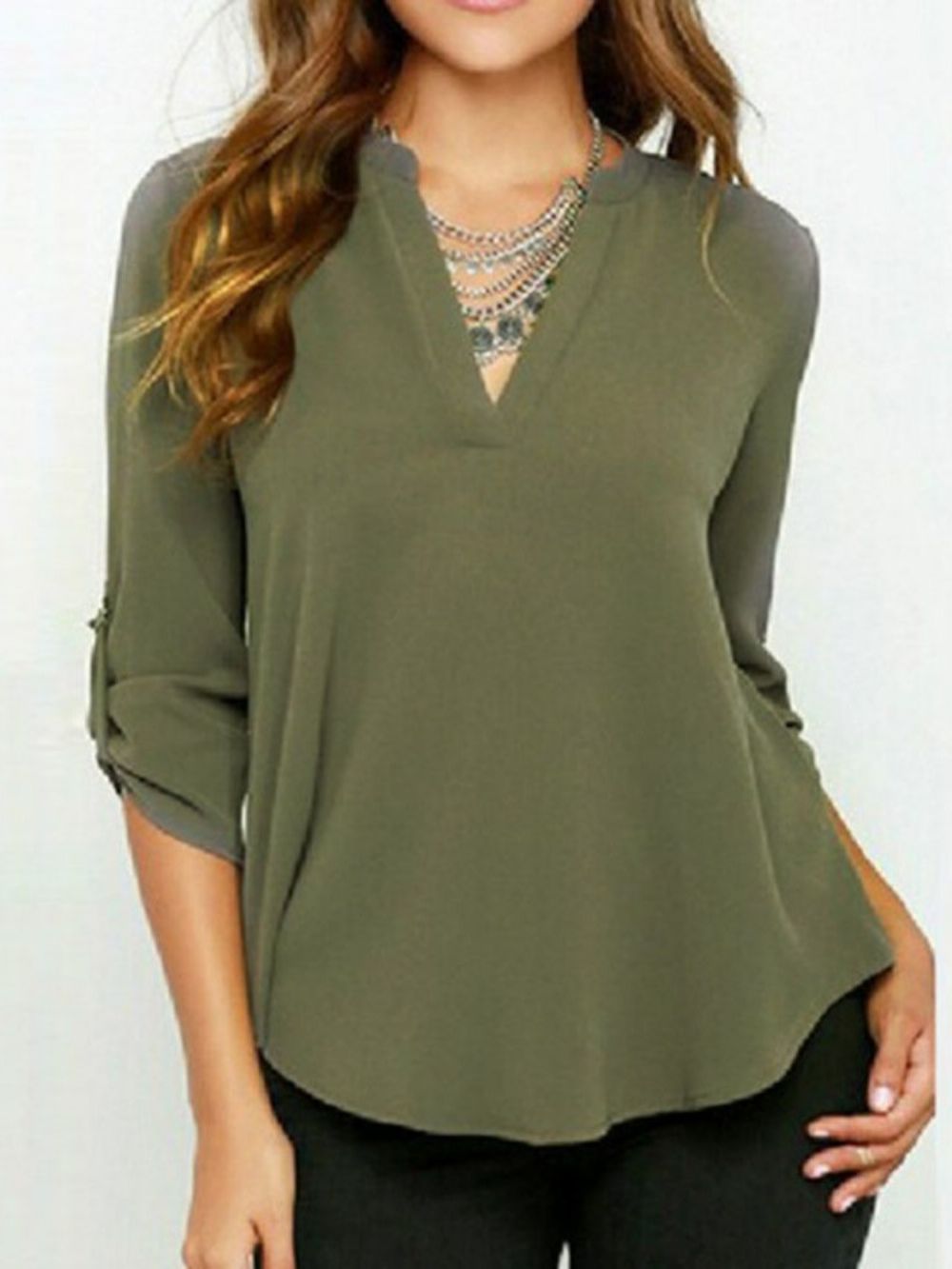 Normale Effen Blouse Met V-Hals En Halflange Mouwen