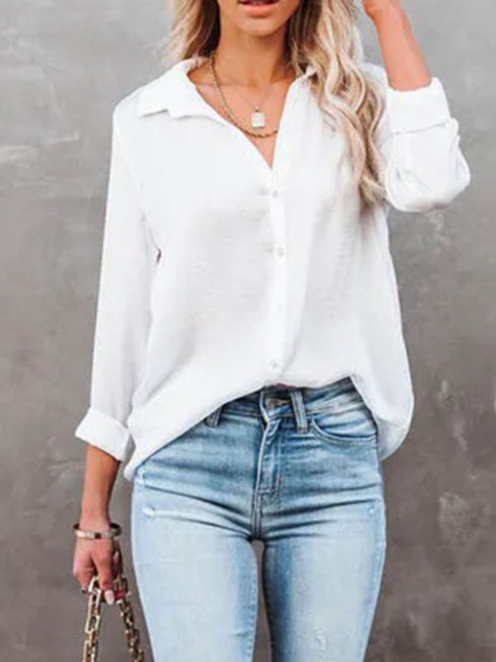 Normale Revers Effen V-Hals Halflange Blouse Met Lange Mouwen