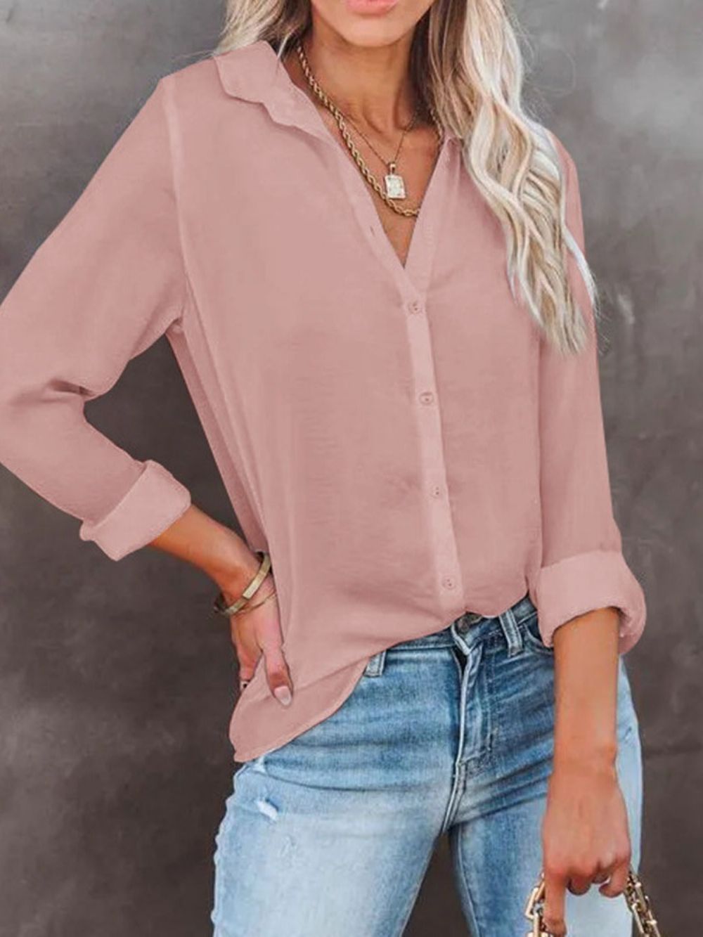 Normale Revers Effen V-Hals Halflange Blouse Met Lange Mouwen