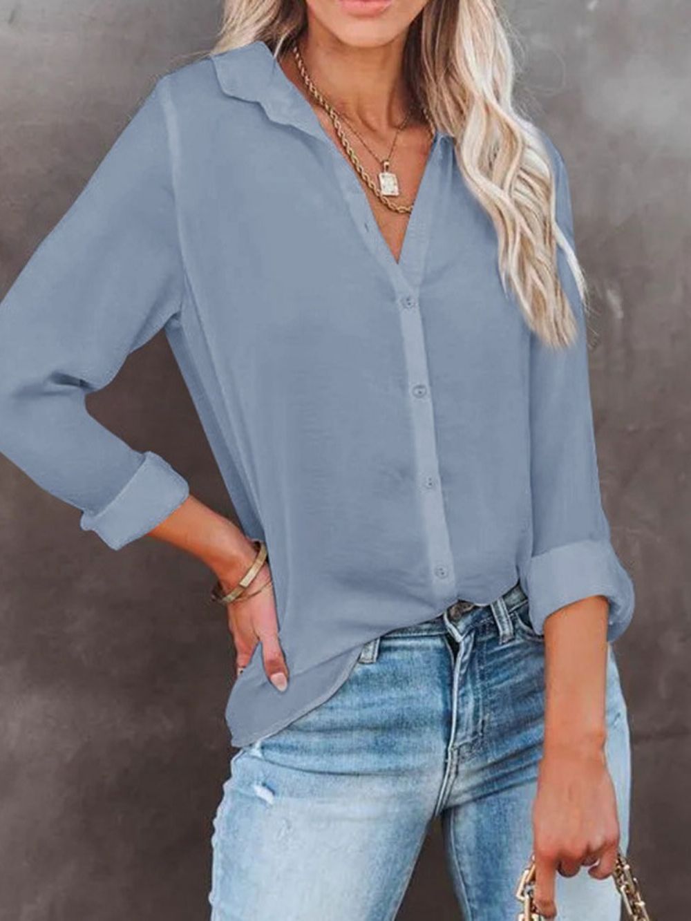 Normale Revers Effen V-Hals Halflange Blouse Met Lange Mouwen