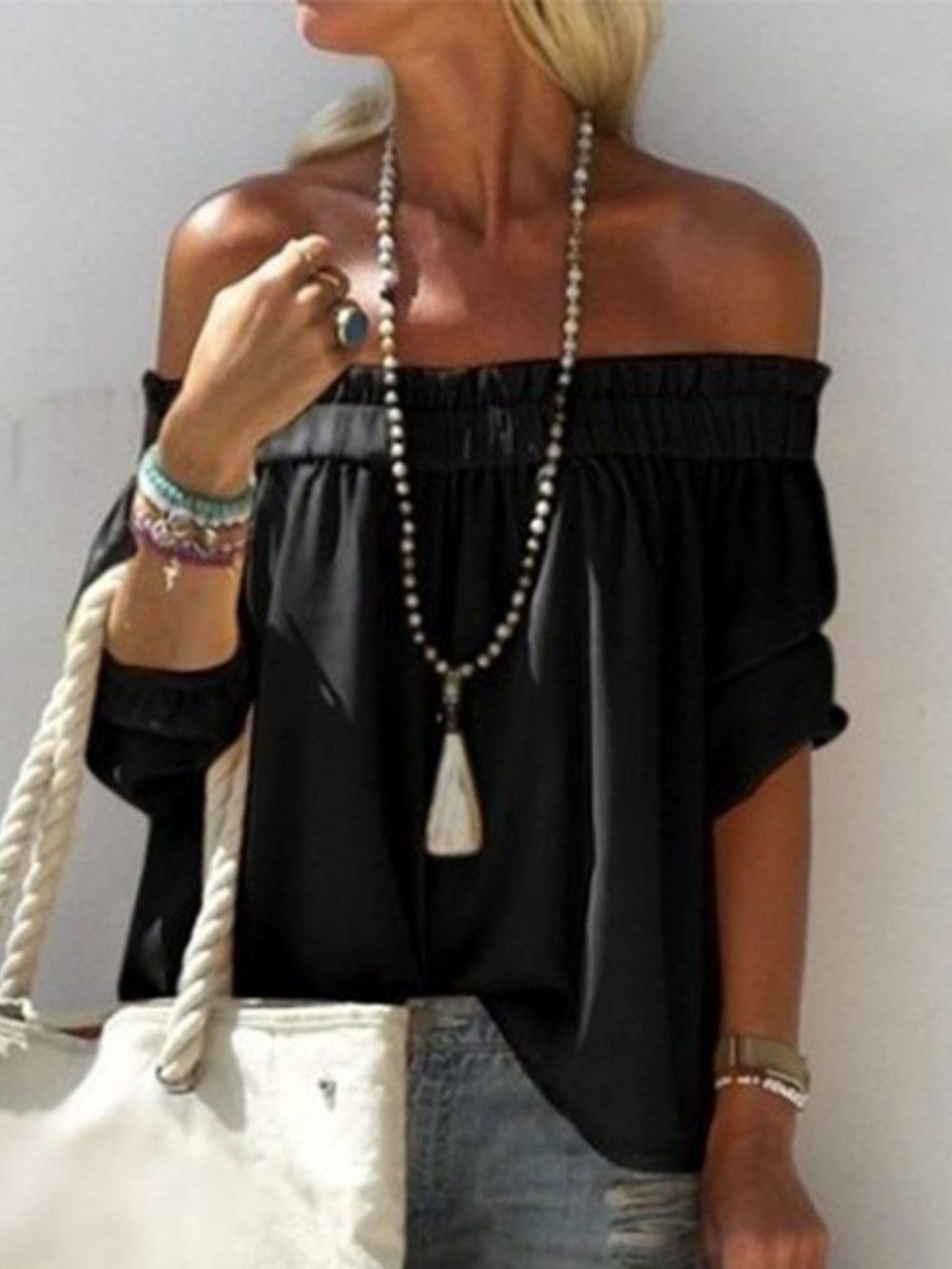 Off-Shoulder Effen Geplooide Blouse