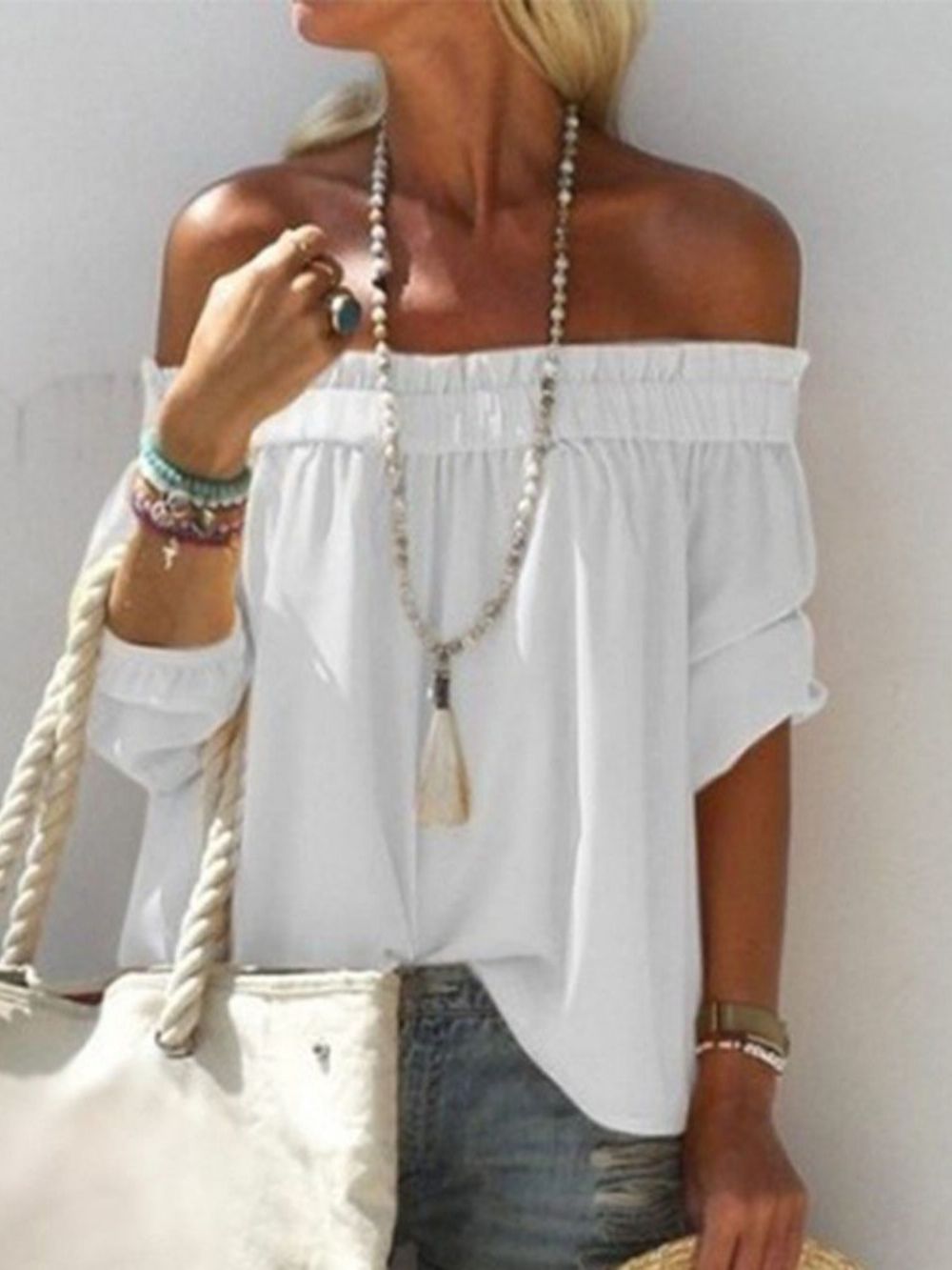 Off-Shoulder Effen Geplooide Blouse