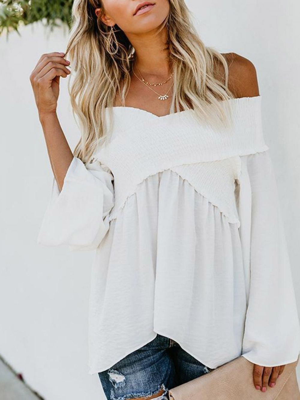 Off-Shoulder Effen Wijd Uitlopende Mouw Standaard Damesblouse Met Lange Mouwen