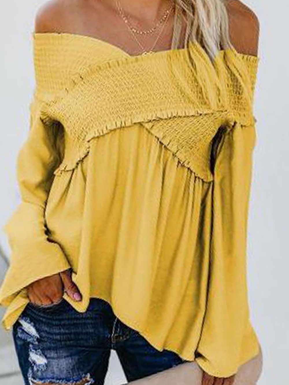 Off-Shoulder Effen Wijd Uitlopende Mouw Standaard Damesblouse Met Lange Mouwen