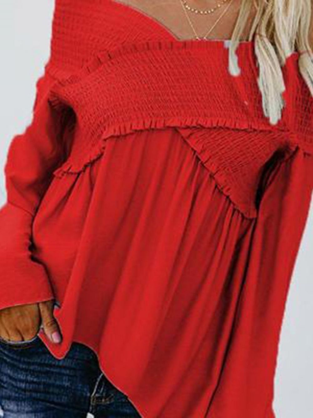 Off-Shoulder Effen Wijd Uitlopende Mouw Standaard Damesblouse Met Lange Mouwen