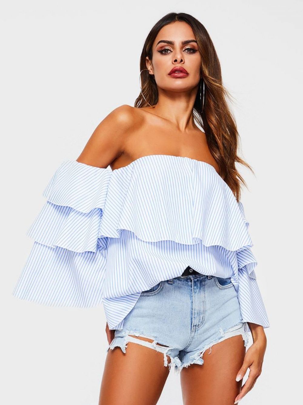 Off-Shoulder Gestreepte Falbala Standaard Blouse