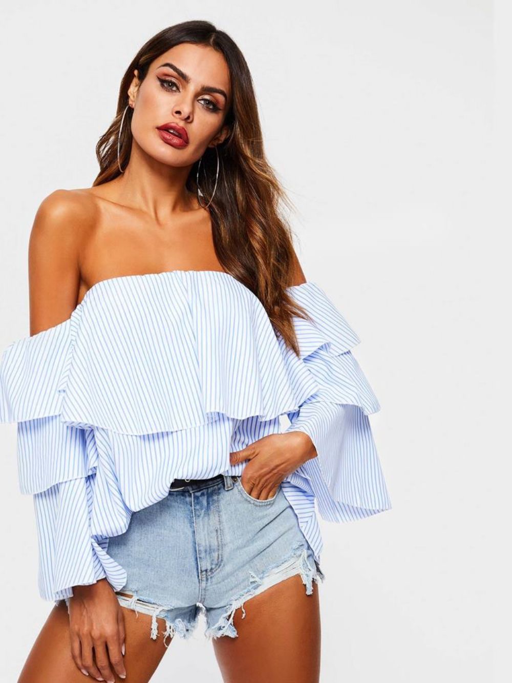 Off-Shoulder Gestreepte Falbala Standaard Blouse