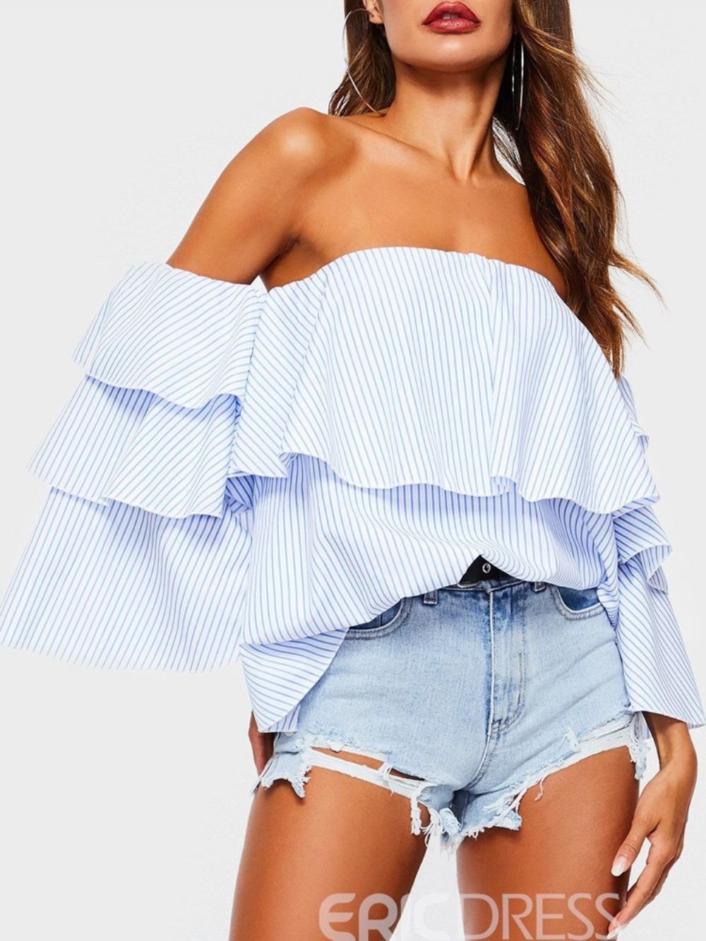 Off-Shoulder Gestreepte Falbala Standaard Blouse