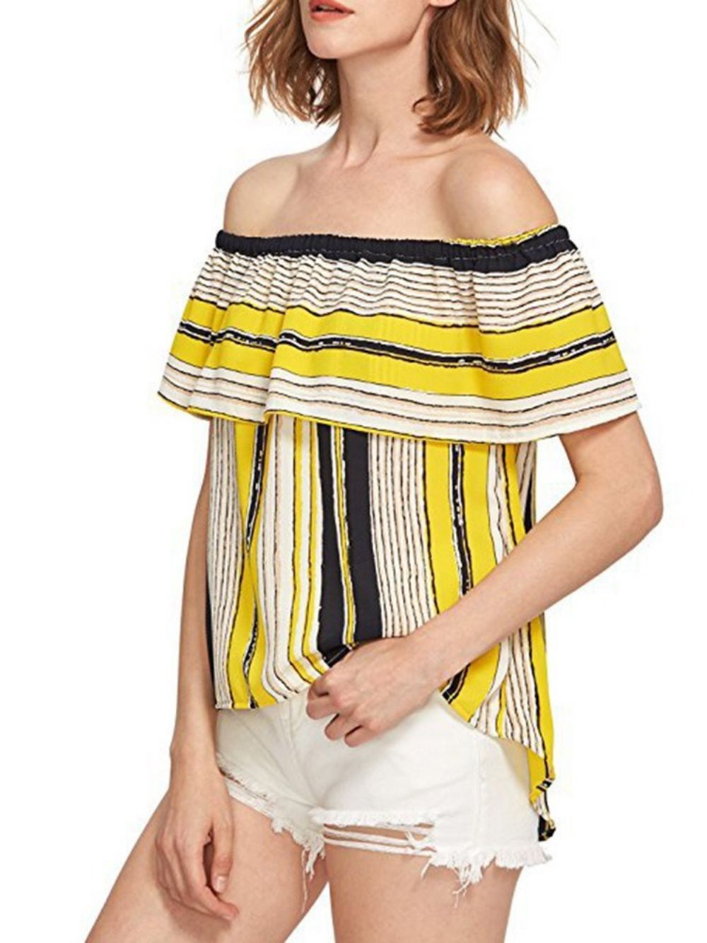 Off-Shoulder Kleurblok Ruche Mouw Korte Mouw Standaard Damesblouse