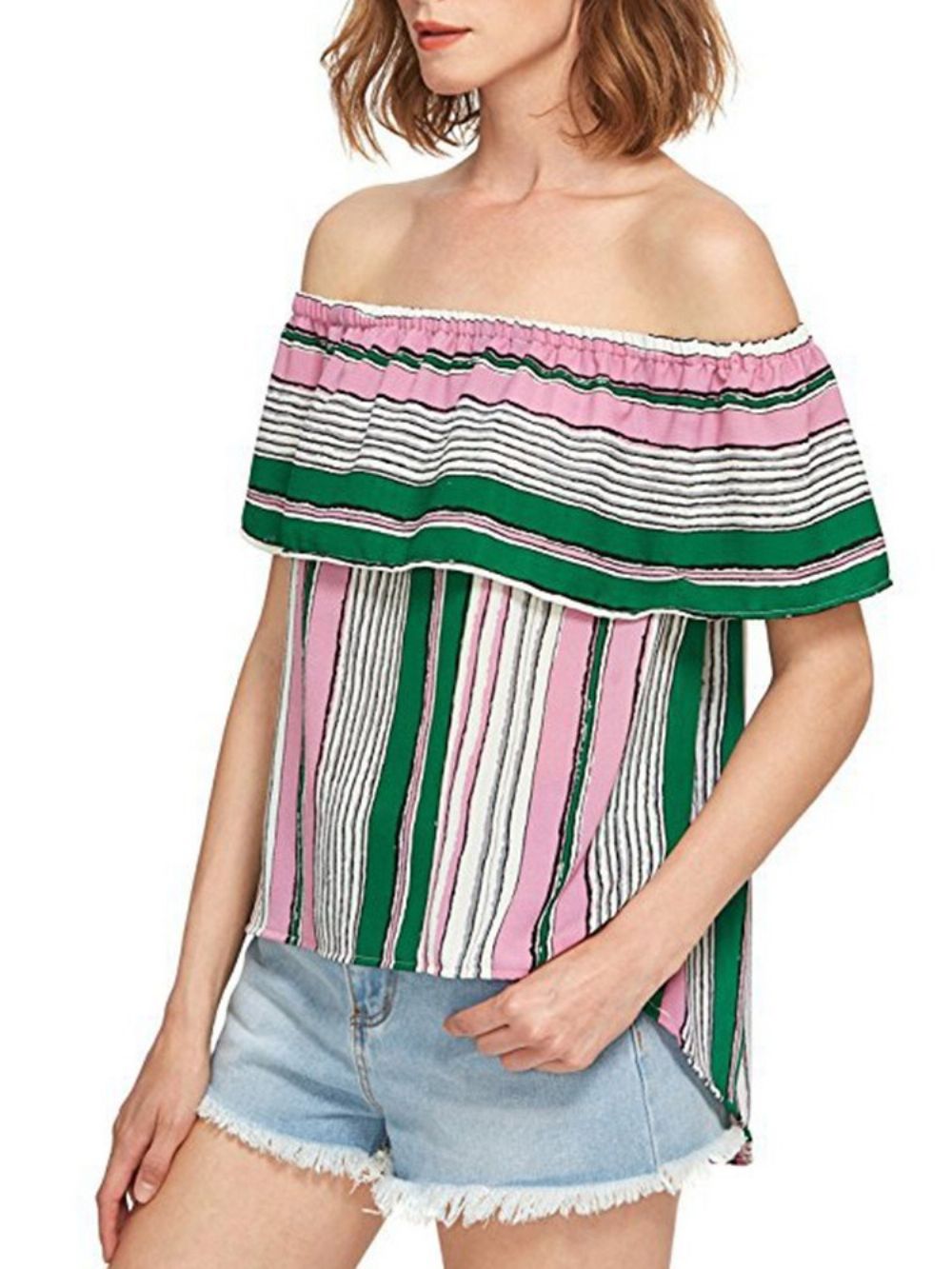 Off-Shoulder Kleurblok Ruche Mouw Korte Mouw Standaard Damesblouse