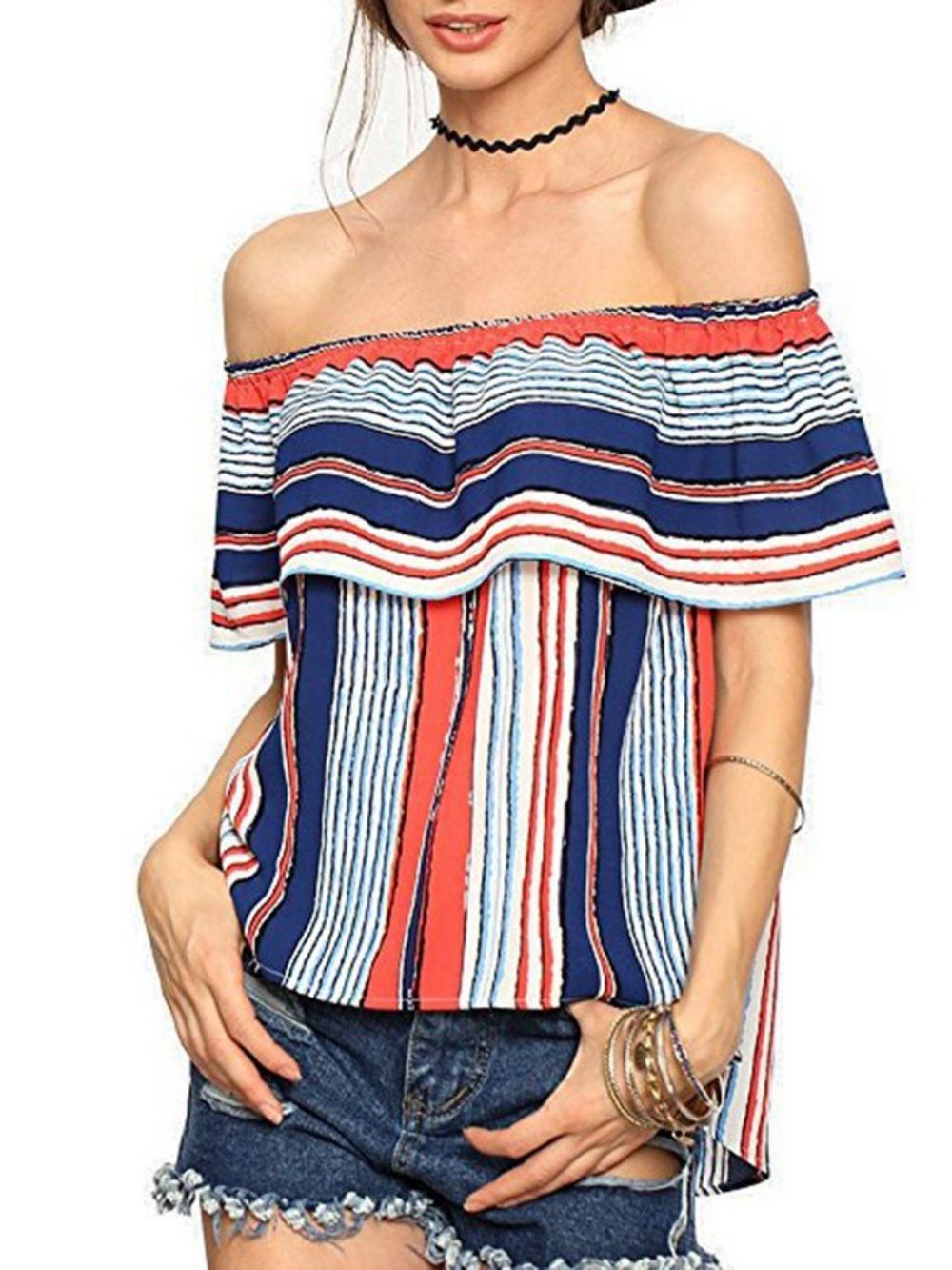 Off-Shoulder Kleurblok Ruche Mouw Korte Mouw Standaard Damesblouse