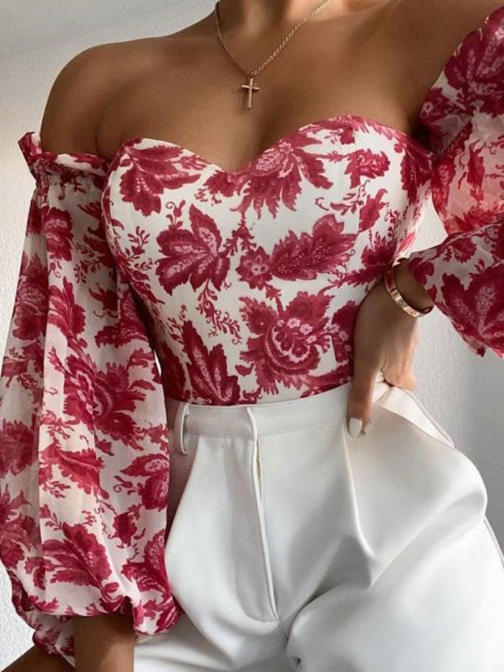 Off-Shoulder Lantaarn Mouw Bloemen Lange Mouw Dames Korte Blouse