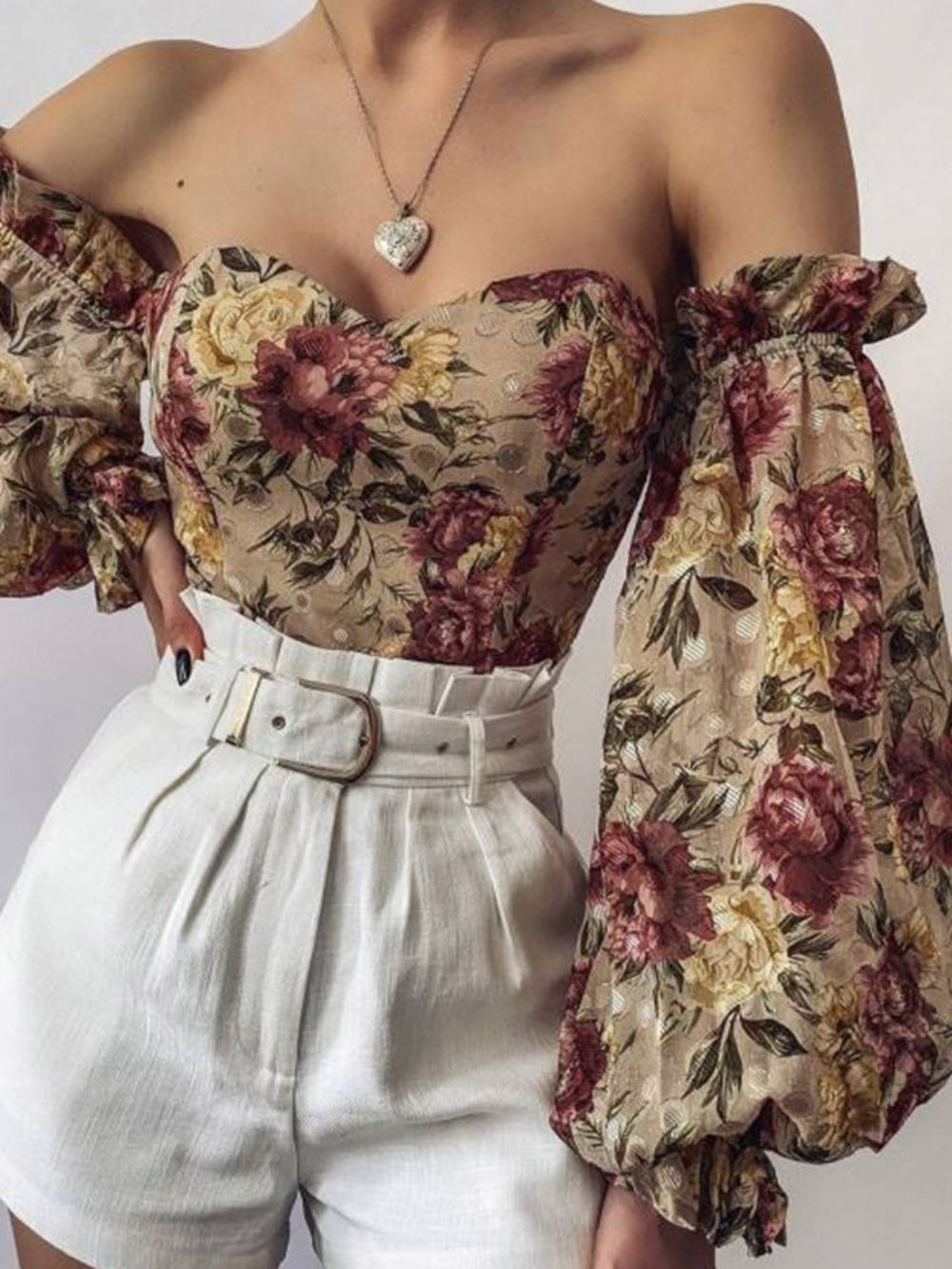 Off-Shoulder Lantaarn Mouw Bloemen Lange Mouw Dames Korte Blouse